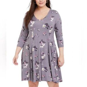 Torrid Gray Purple Floral Print Boho Jersey Trapeze Swing Dress